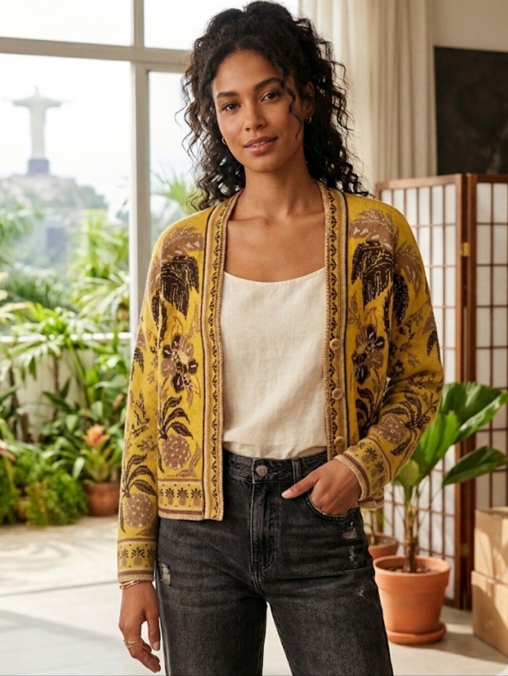 Farm Rio Golden Oasis Knit Pineapple Cardigan